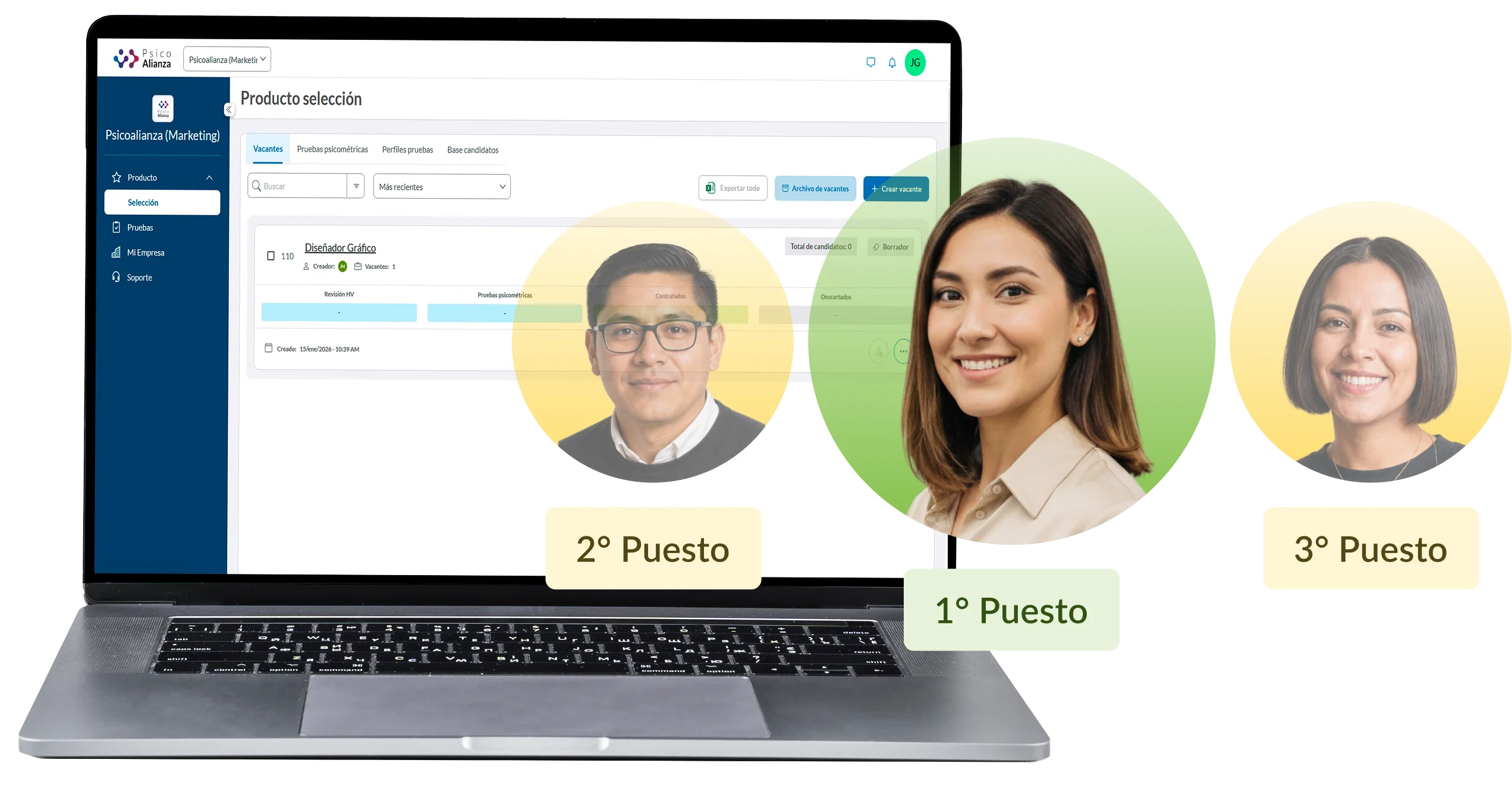 Plataforma de PsicoAlianza mostrando resultados de candidatos
