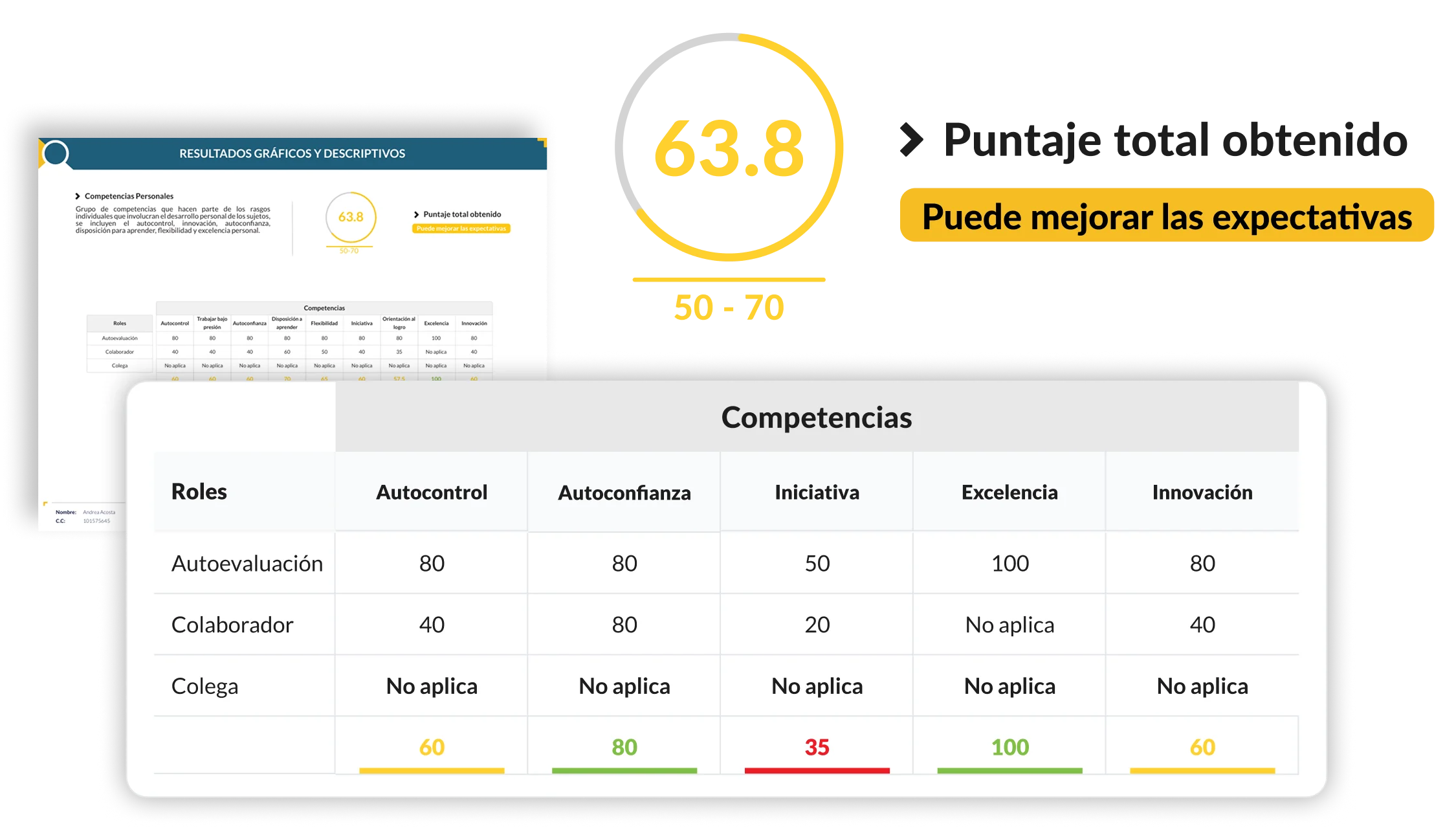 Reporte individual de Desempeño 360 con puntaje total obtenido