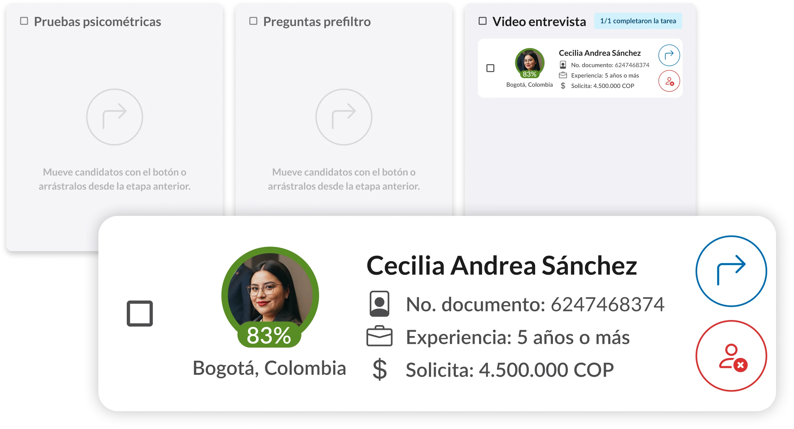 Pipeline de selección por etapas en la plataforma ATS de PsicoAlianza