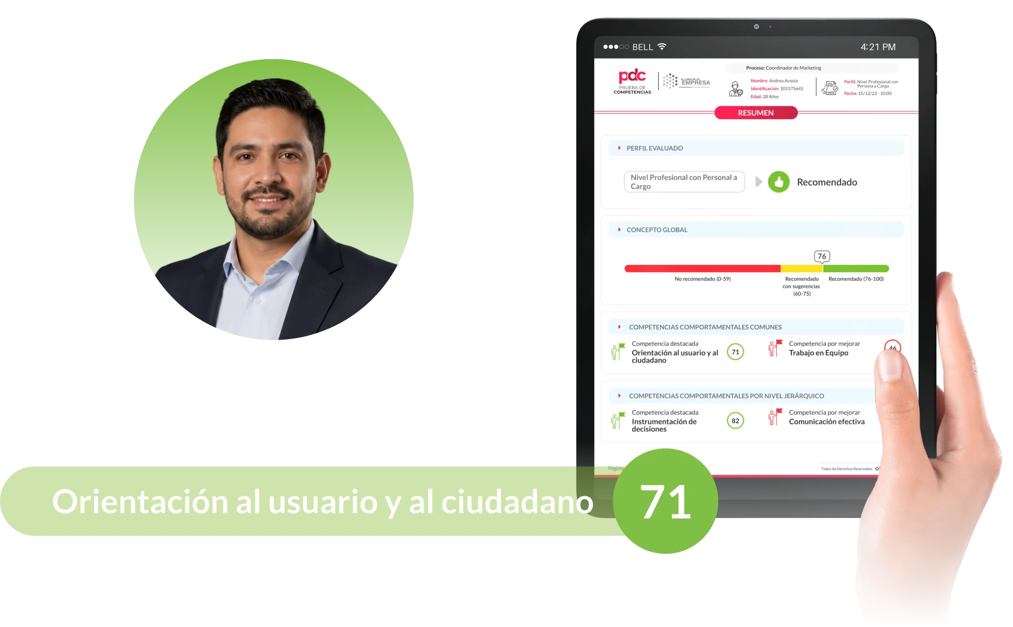 Reporte de Prueba de Competencias con competencia destacada: orientación al usuario y al ciudadano