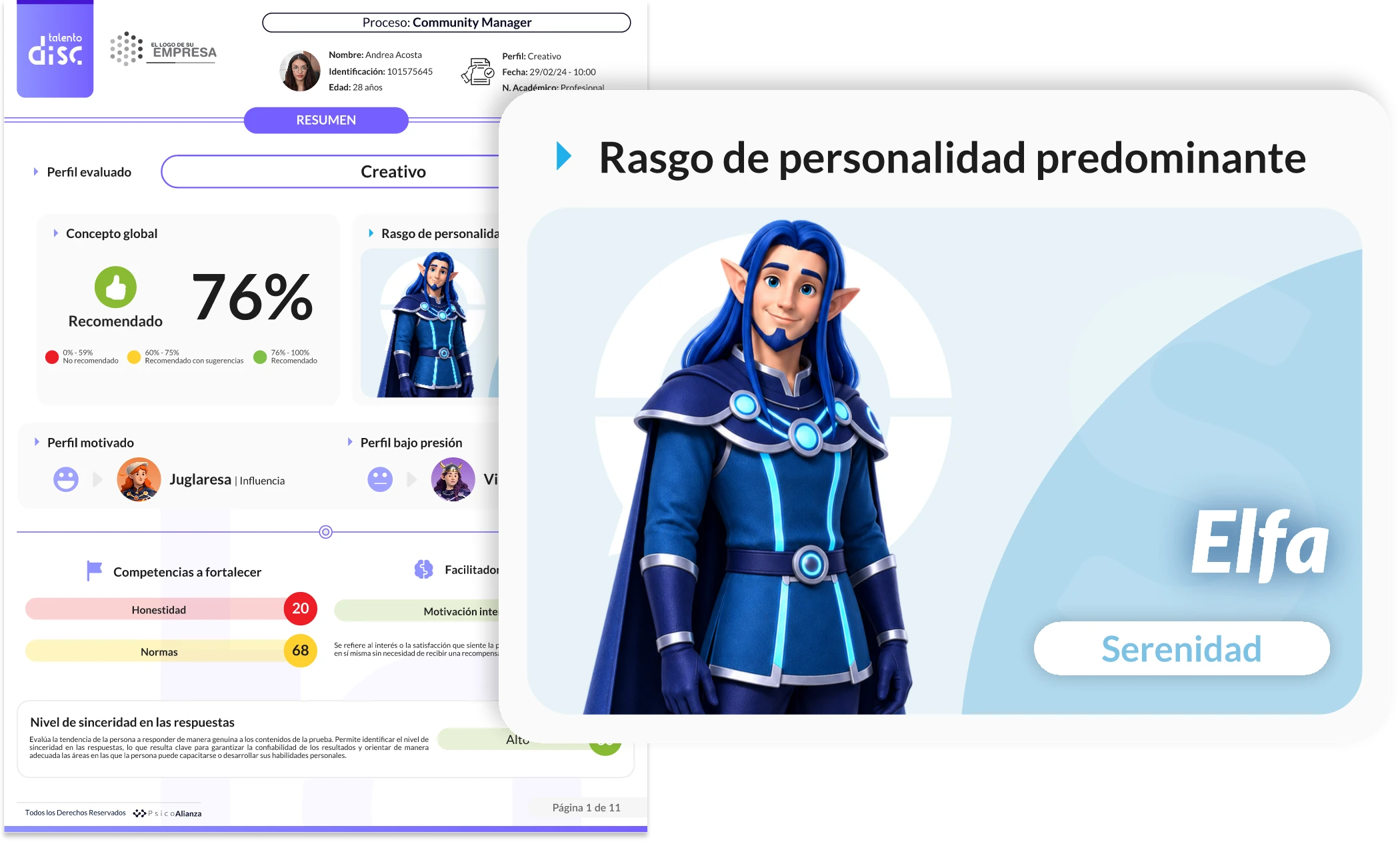 Rasgo de personalidad predominante Elfa - Serenidad, reporte de Talento DISC