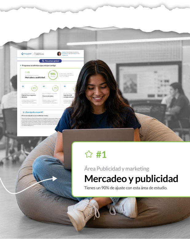 Estudiante revisando su reporte vocacional de +16 páginas con el área Mercadeo y publicidad al 90% de ajuste
