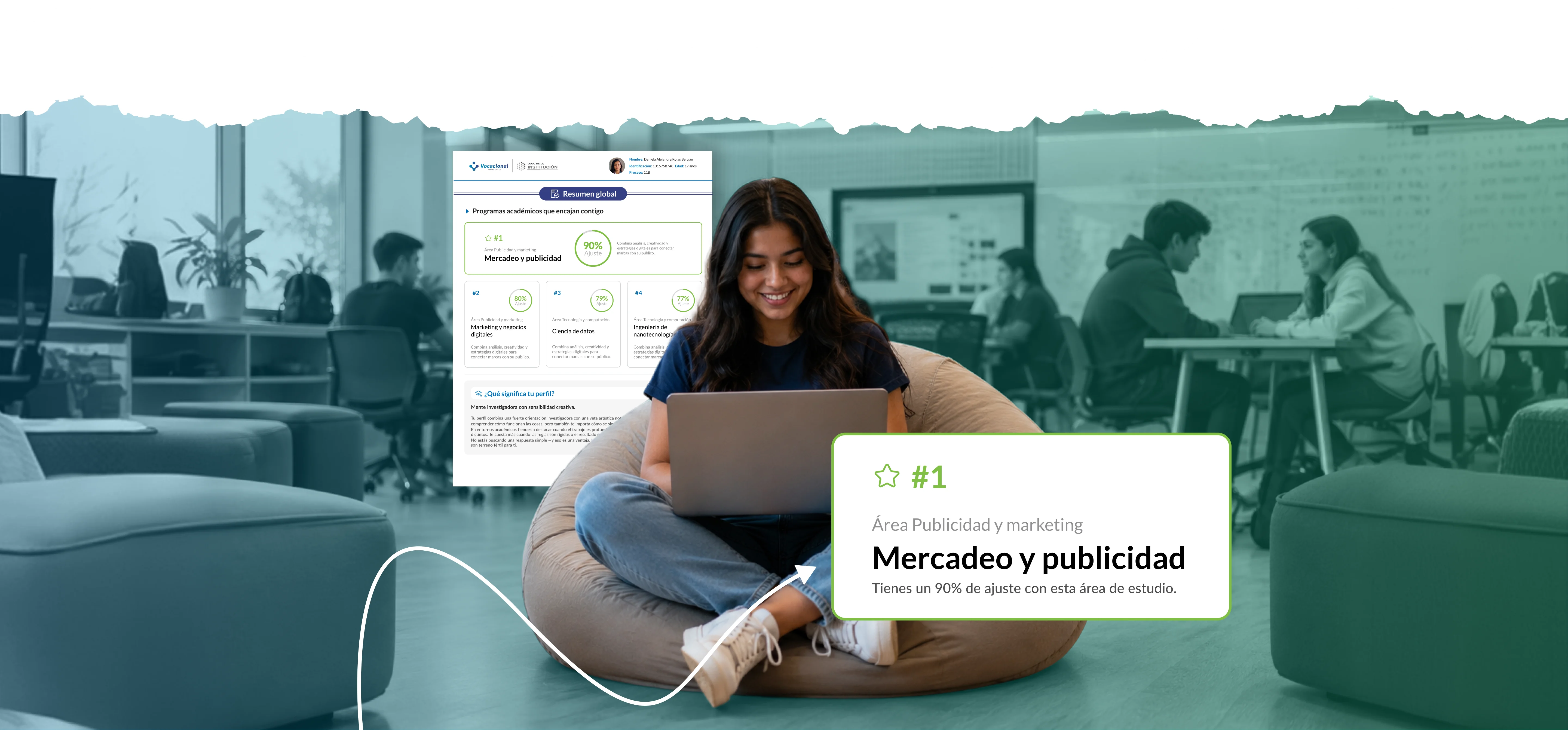 Estudiante revisando su reporte vocacional de +16 páginas con el área Mercadeo y publicidad al 90% de ajuste